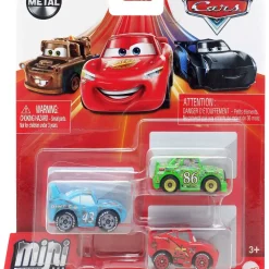 New 🤩 Disney / Pixar Cars Die Cast Metal Mini Racers Damaged King, Lightning McQueen & Chick Hicks Car 3-Pack 💯